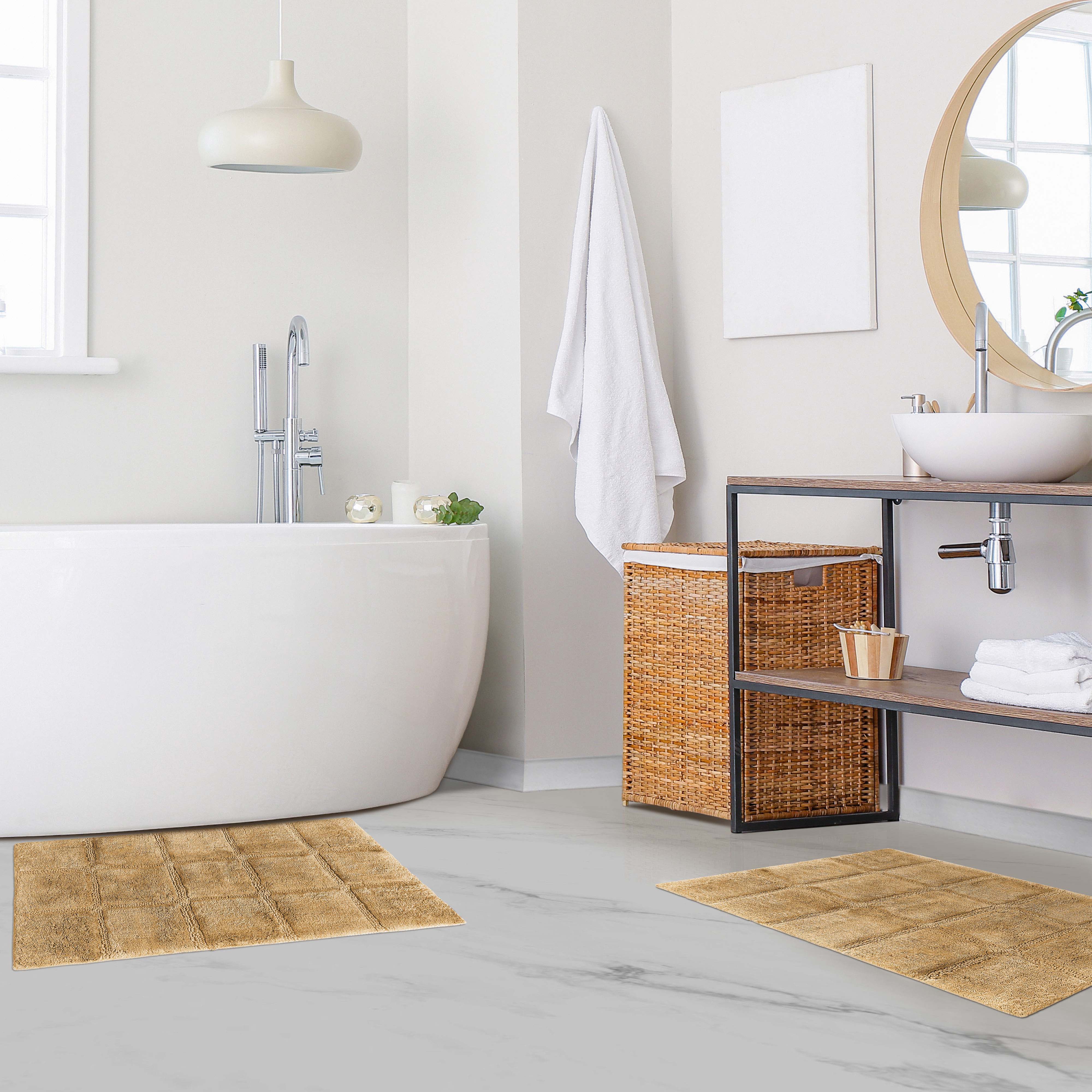 Solid Cotton 2 Piece Checkered Non Slip Bath Rug Set - Omnigoodsstore