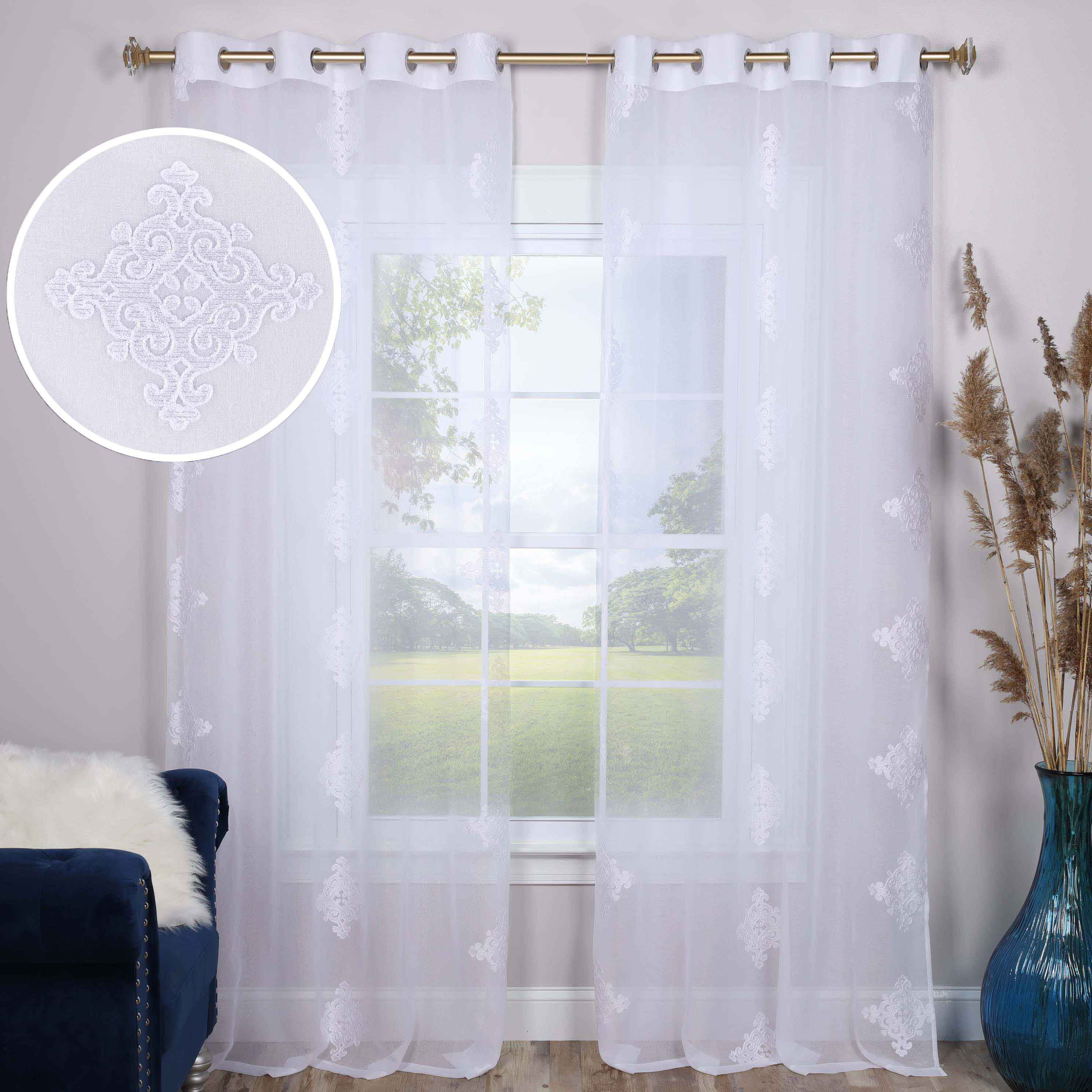 Embroidered Damask Sheer Grommet Curtain Panel Set - Omnigoodsstore