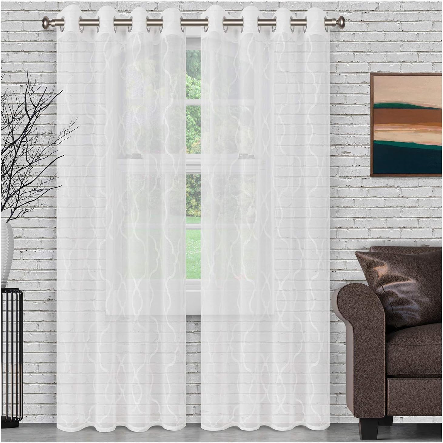 Embroidered Lattice Sheer Grommet Curtain Panel Set - Omnigoodsstore