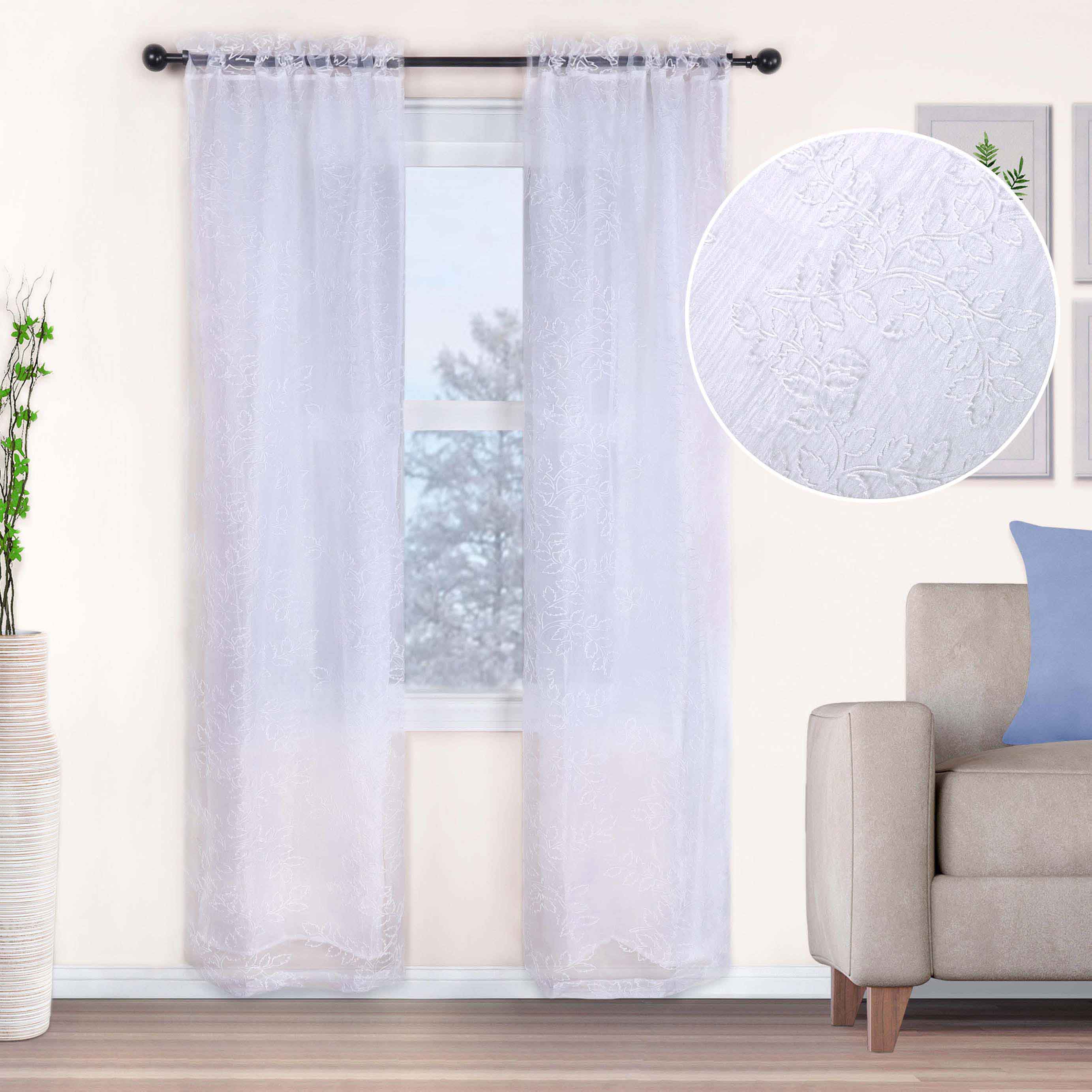 Embroidered Leaves Grommet 2 Piece Layered Sheer Curtain Panel Set - Omnigoodsstore