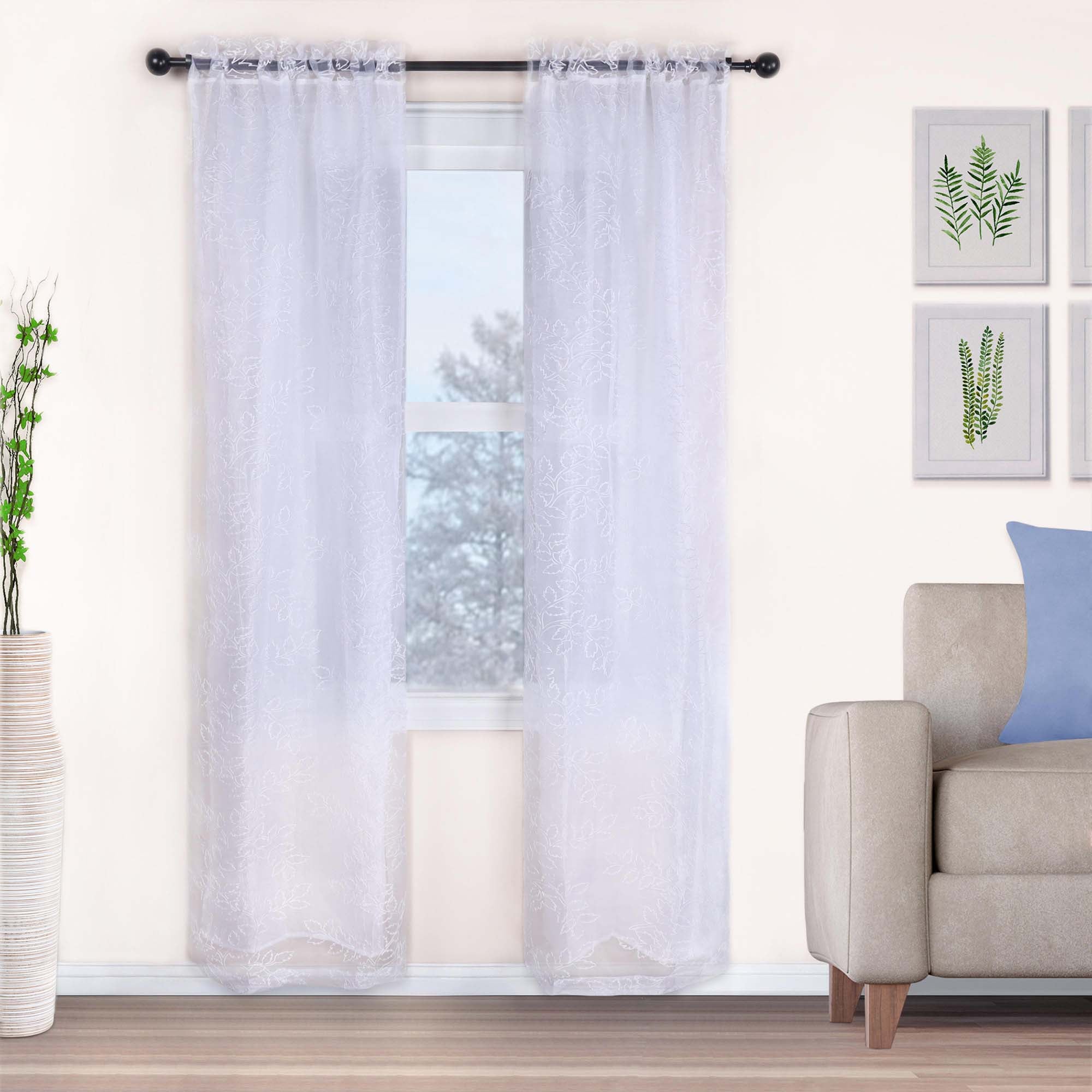 Embroidered Leaves Grommet 2 Piece Layered Sheer Curtain Panel Set - Omnigoodsstore