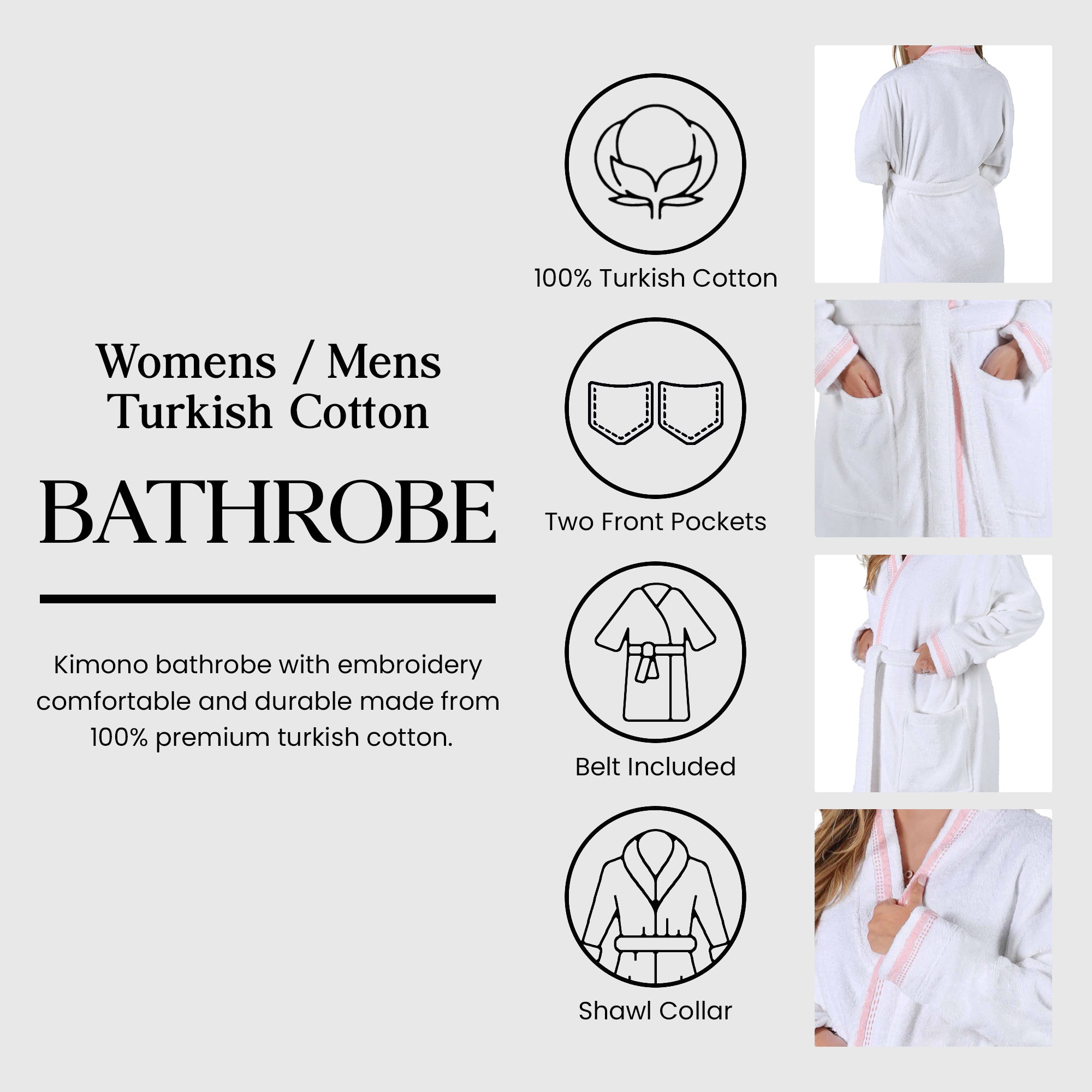 Tinsel Unisex Cotton Terry Kimono Bathrobe with Embroidery - Omnigoodsstore