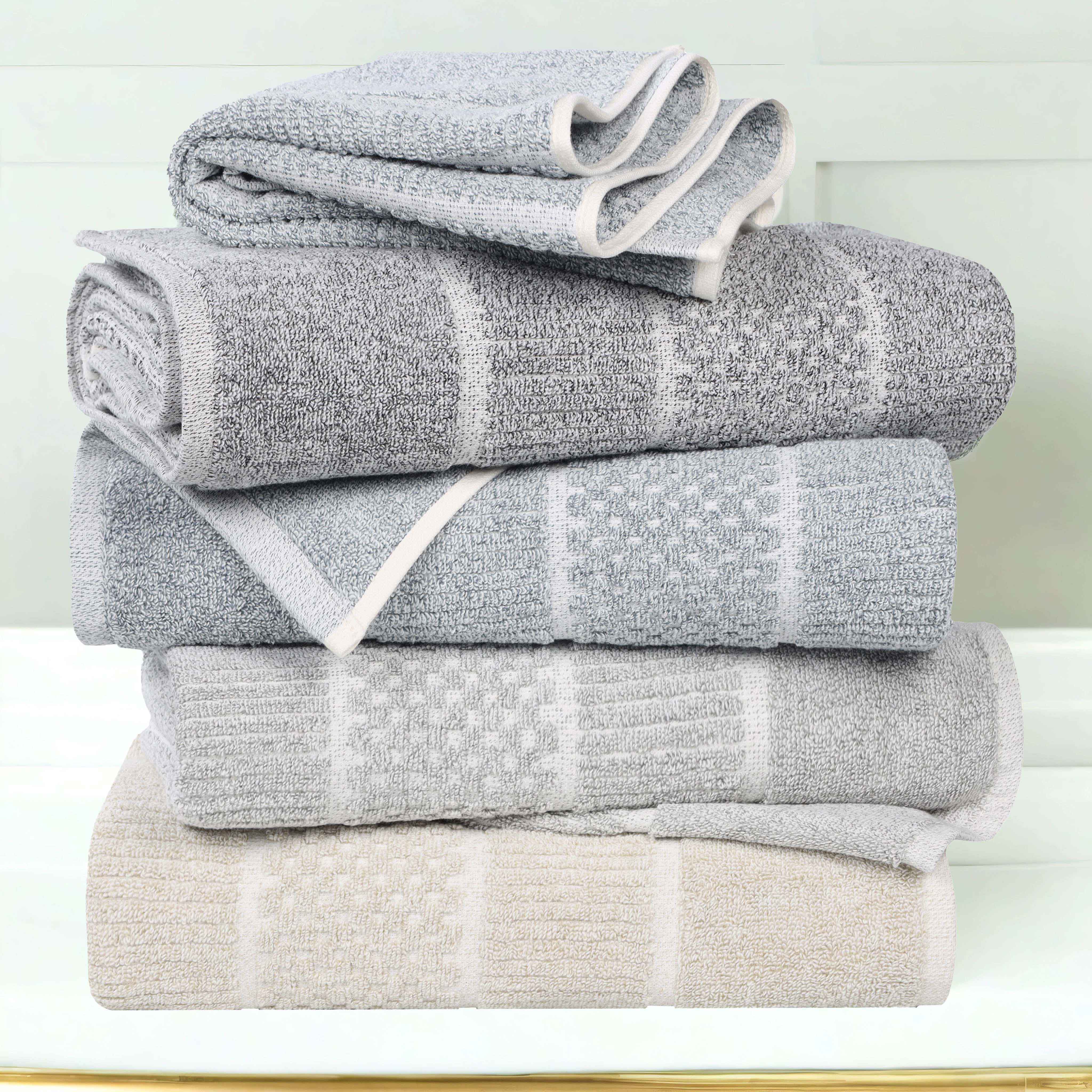 Naples Cotton Blend Checkered and Ribbed Face Towels, Set of 12 - Omnigoodsstore