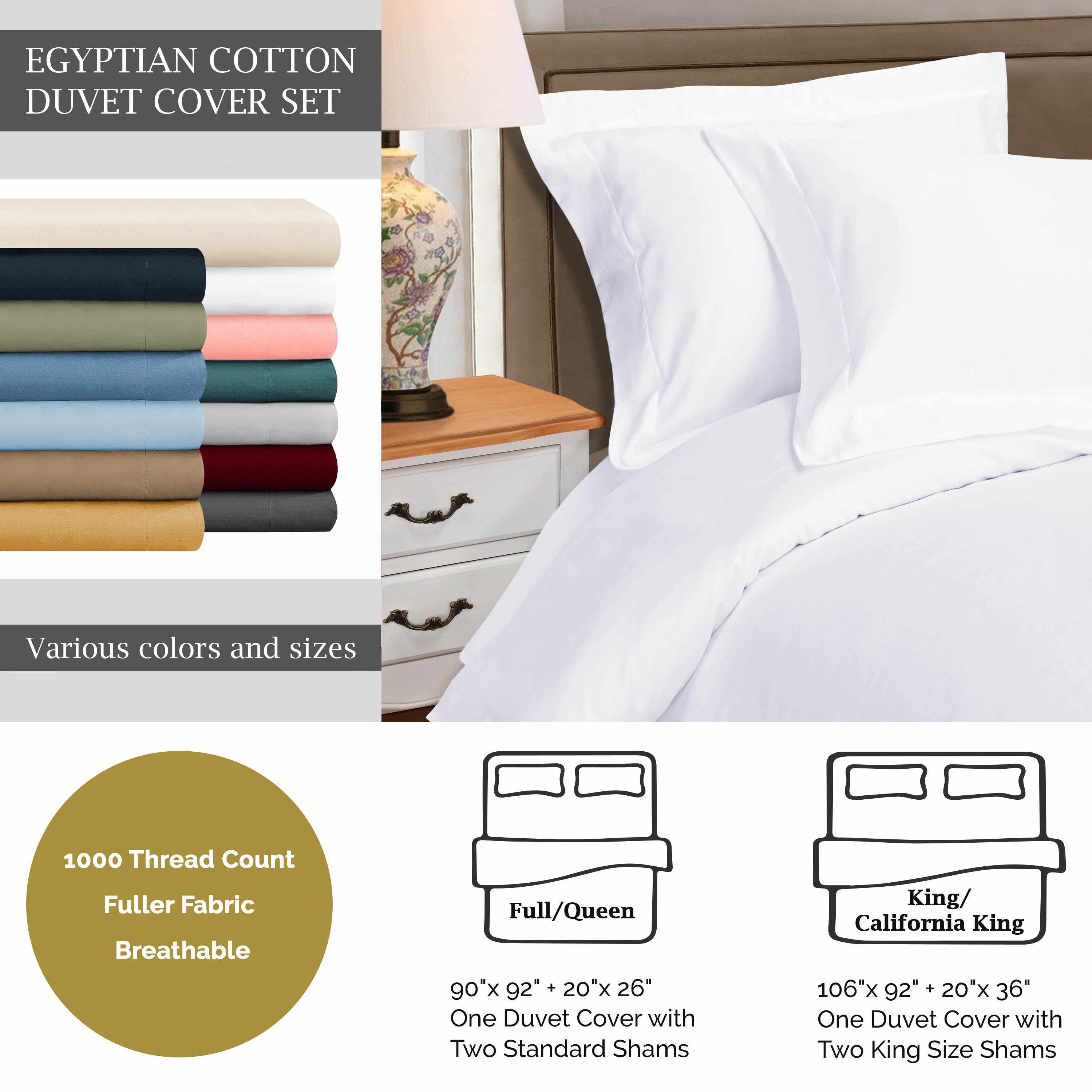 1000 Thread Count Egyptian Cotton Solid Duvet Cover Set - Omnigoodsstore