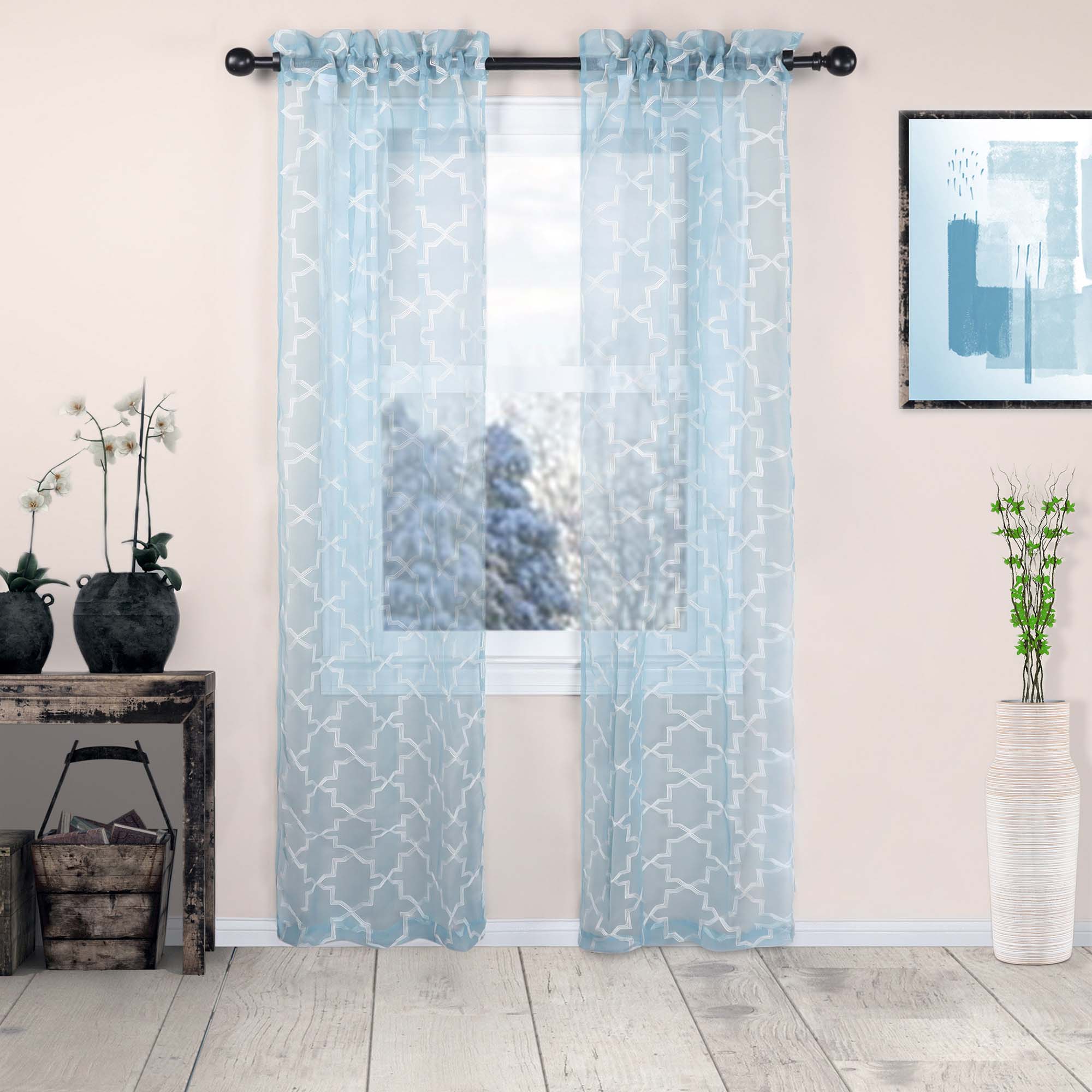 Embroidered Quatrefoil Semi Sheer 2 Piece Curtain Panel Set - Omnigoodsstore