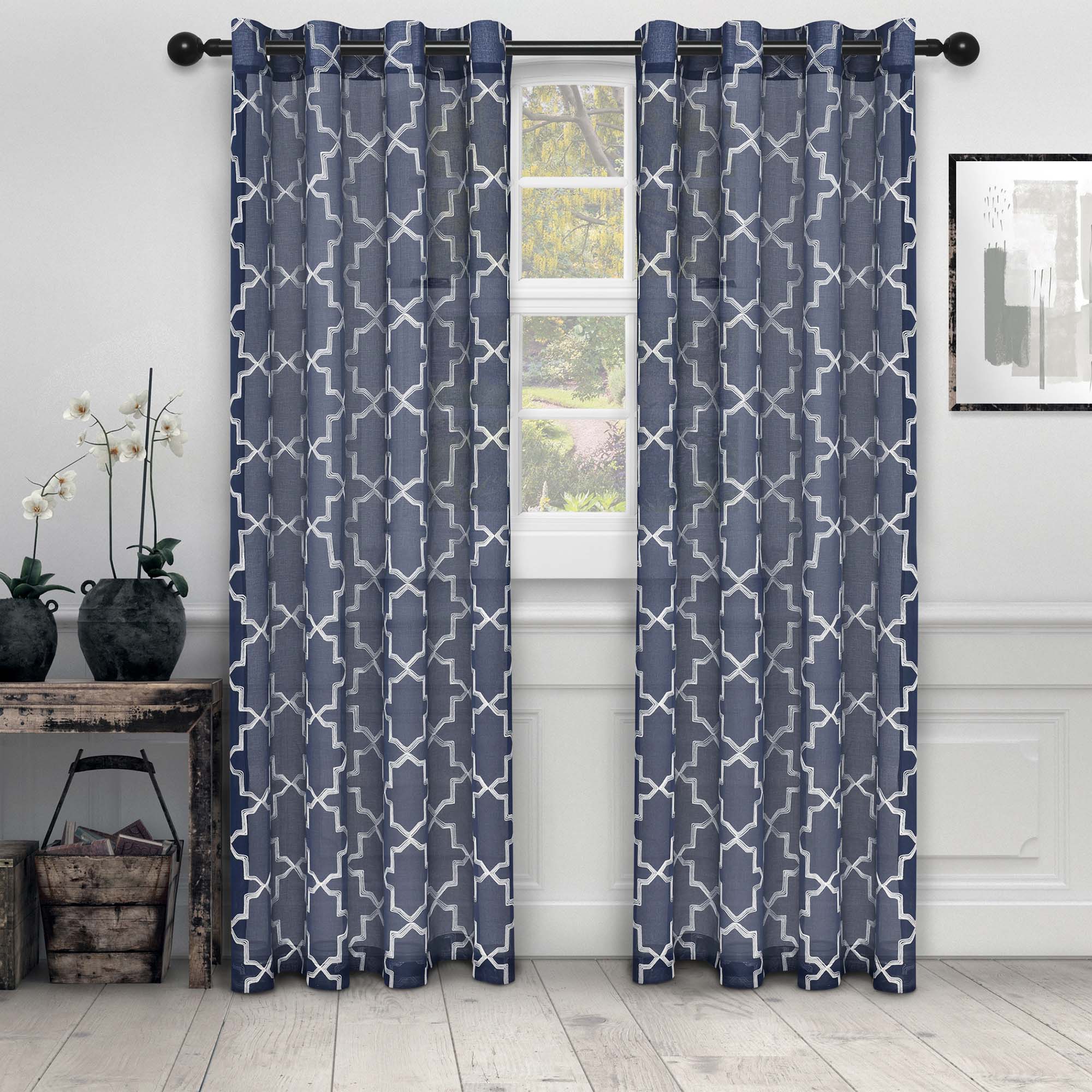 Embroidered Quatrefoil Semi Sheer 2 Piece Curtain Panel Set - Omnigoodsstore