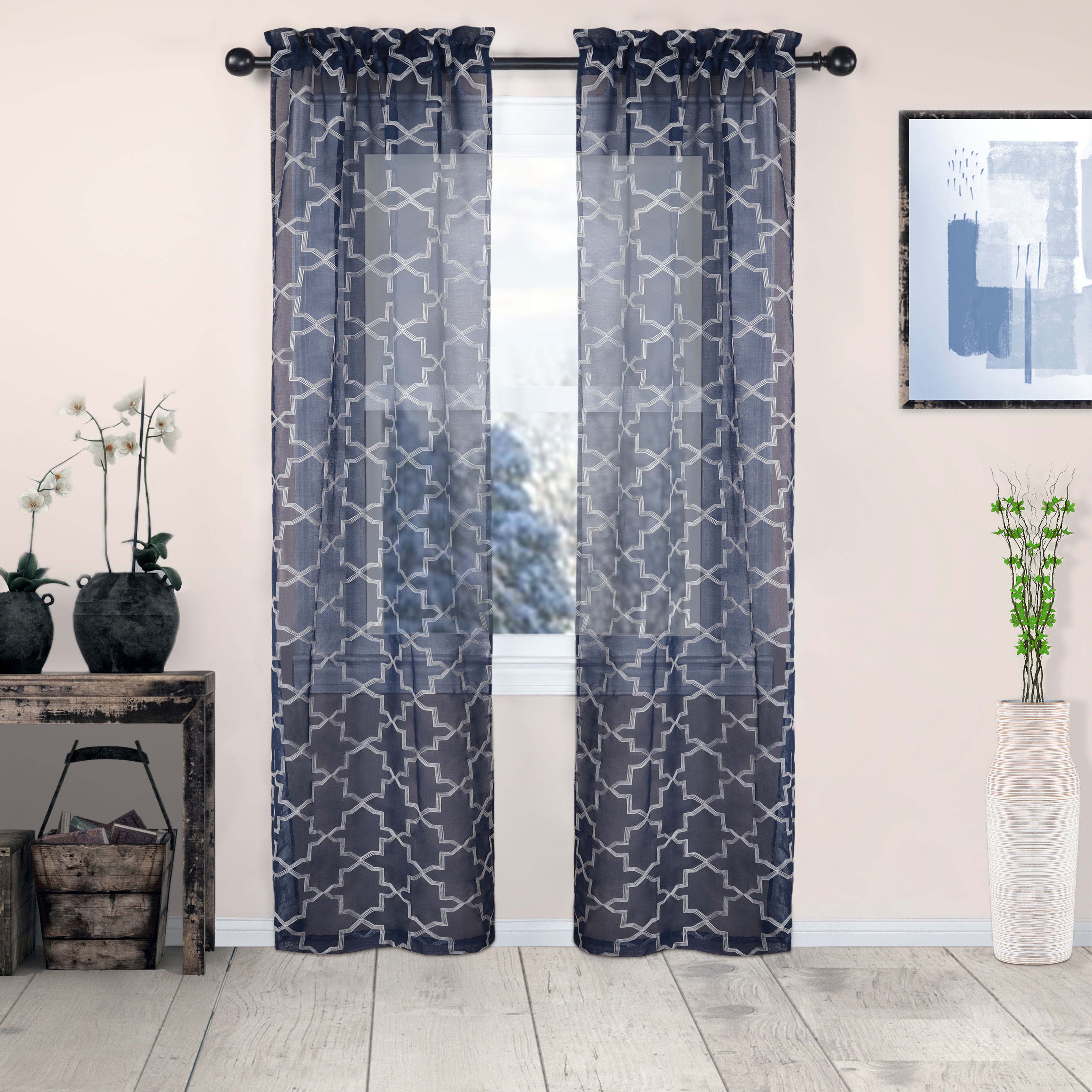 Embroidered Quatrefoil Semi Sheer 2 Piece Curtain Panel Set - Omnigoodsstore